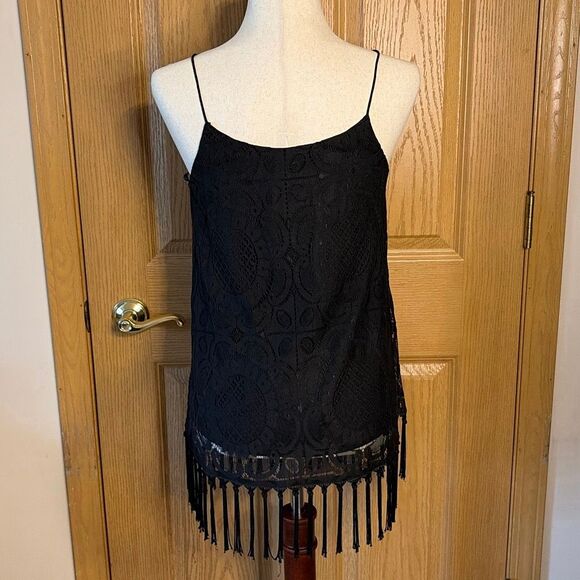 Blu Pepper Black Lace Fringe Tank Top Small - Picture 3 of 6